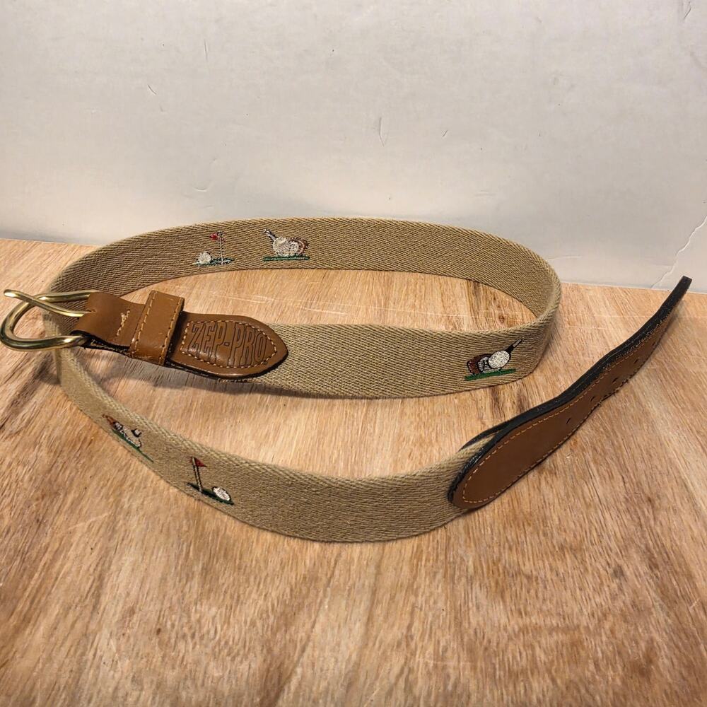 Zep-Pro Canvas and Leather gold belt embroidered golf icons tan brass buckle 38